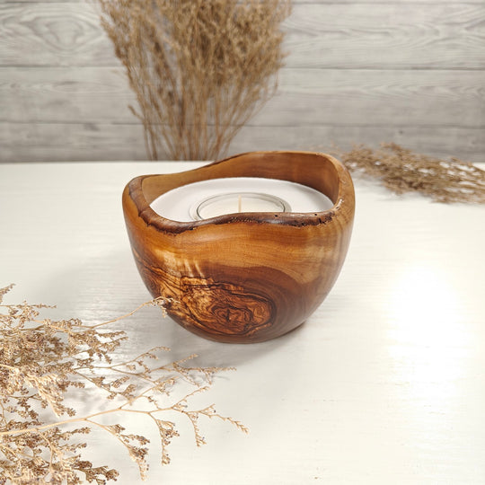 Teelicht-Kerze in Olivenholzschale, TRC-L-00153, D 14cm, 60mm Teelicht