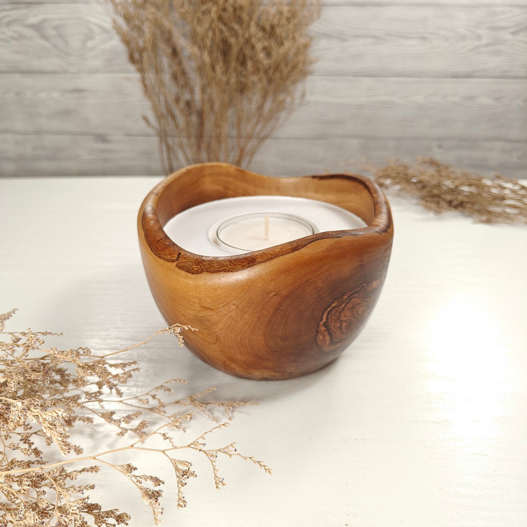 Teelicht-Kerze in Olivenholzschale, TRC-L-00153, D 14cm, 60mm Teelicht