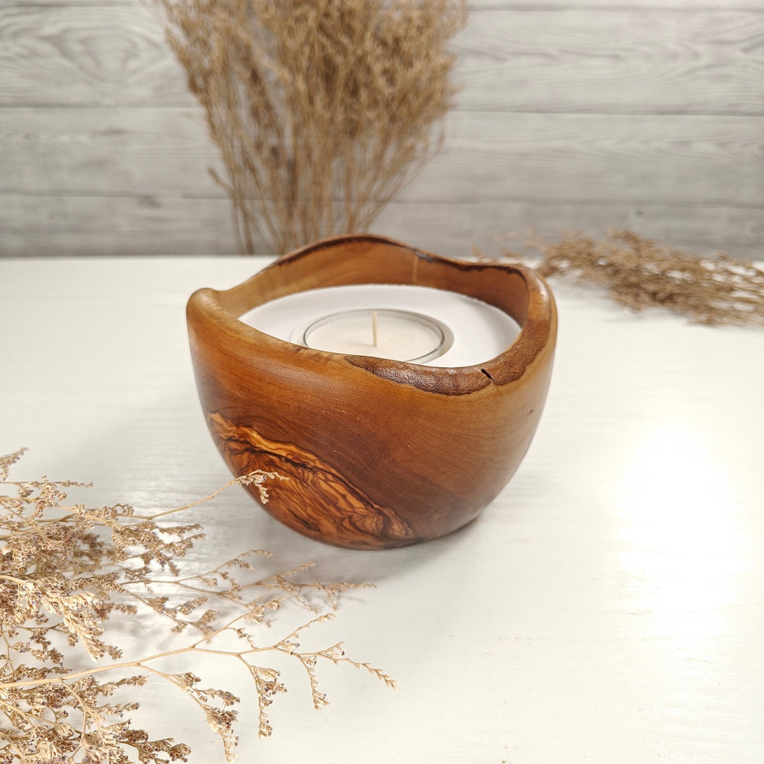 Teelicht-Kerze in Olivenholzschale, TRC-L-00153, D 14cm, 60mm Teelicht