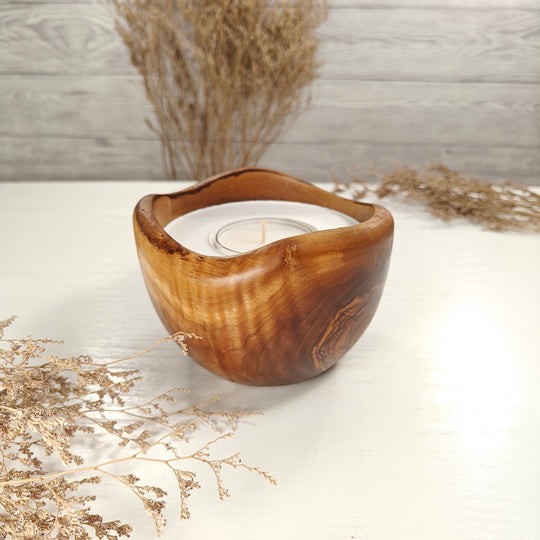 Teelicht-Kerze in Olivenholzschale, TRC-L-00153, D 14cm, 60mm Teelicht