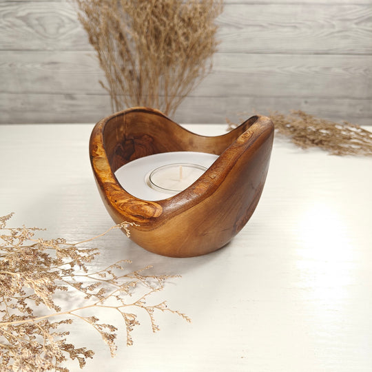 Teelicht-Kerze in Olivenholzschale, TRC-L-00154, D 14cm, 60mm Teelicht