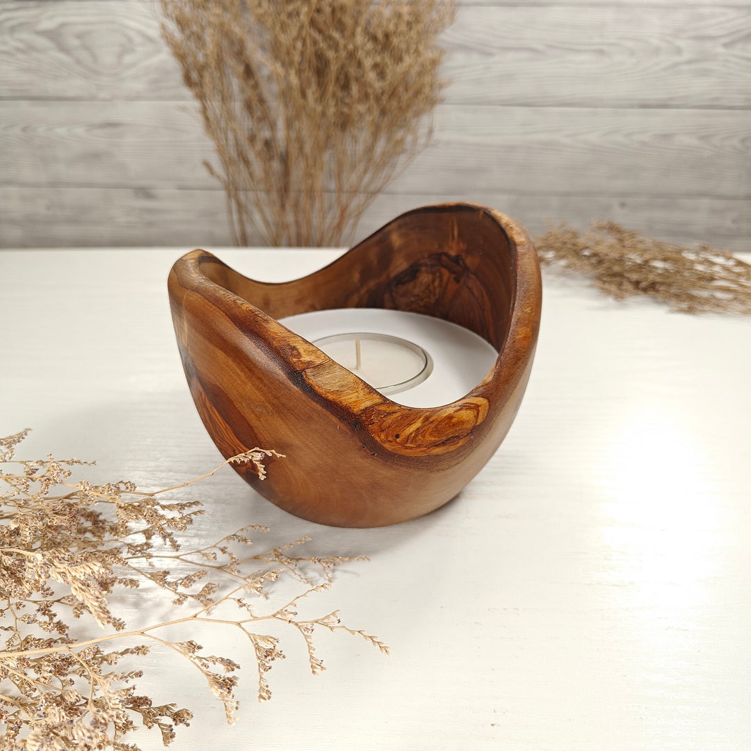 Teelicht-Kerze in Olivenholzschale, TRC-L-00154, D 14cm, 60mm Teelicht