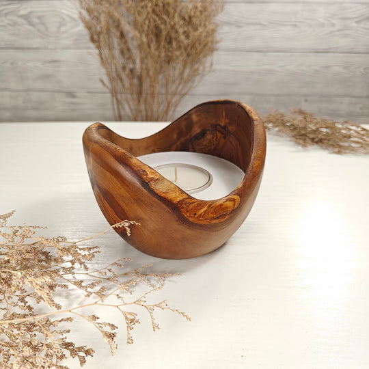 Teelicht-Kerze in Olivenholzschale, TRC-L-00154, D 14cm, 60mm Teelicht