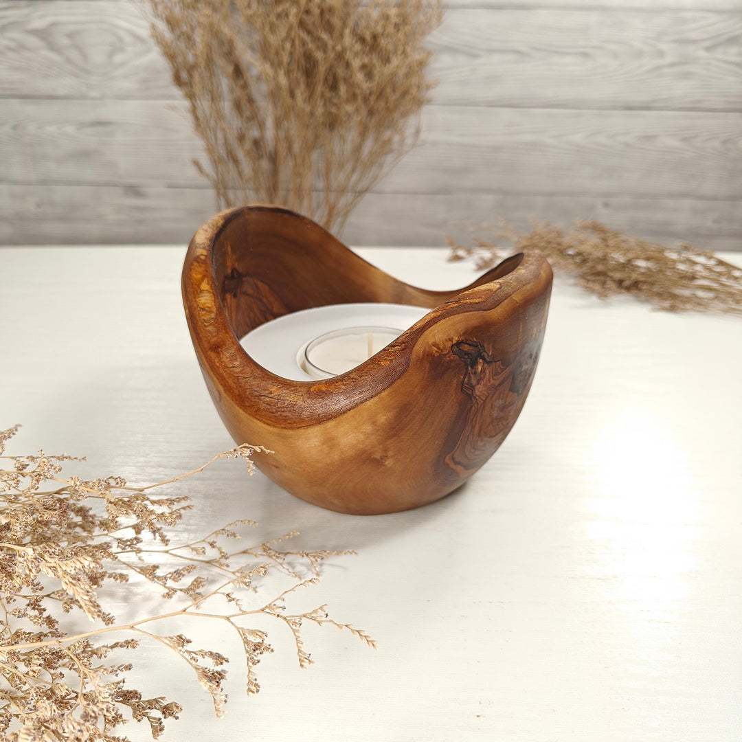 Teelicht-Kerze in Olivenholzschale, TRC-L-00154, D 14cm, 60mm Teelicht