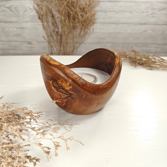 Teelicht-Kerze in Olivenholzschale, TRC-L-00154, D 14cm, 60mm Teelicht