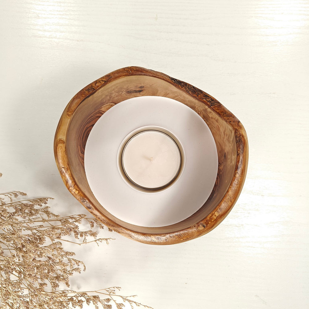 Teelicht-Kerze in Olivenholzschale, TRC-L-00155, D 14cm, 60mm Teelicht