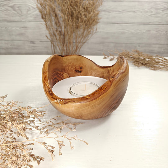 Teelicht-Kerze in Olivenholzschale, TRC-L-00155, D 14cm, 60mm Teelicht