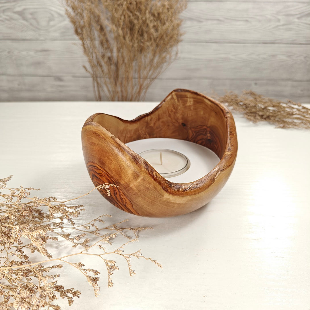 Teelicht-Kerze in Olivenholzschale, TRC-L-00155, D 14cm, 60mm Teelicht