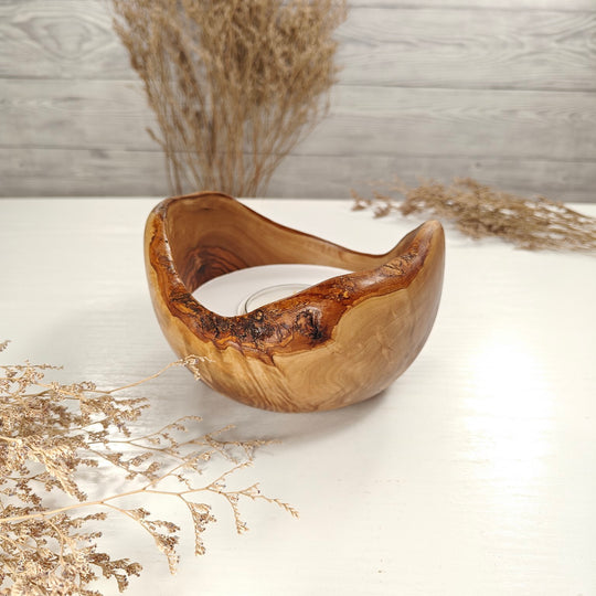 Teelicht-Kerze in Olivenholzschale, TRC-L-00155, D 14cm, 60mm Teelicht