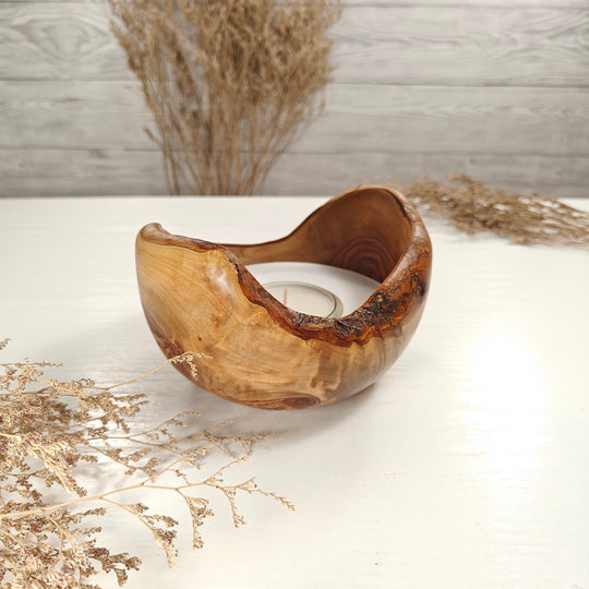 Teelicht-Kerze in Olivenholzschale, TRC-L-00155, D 14cm, 60mm Teelicht