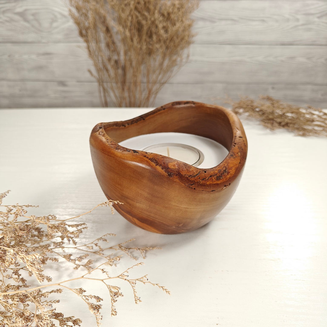 Teelicht-Kerze in Olivenholzschale, TRC-L-00156, D 13cm, 60mm Teelicht