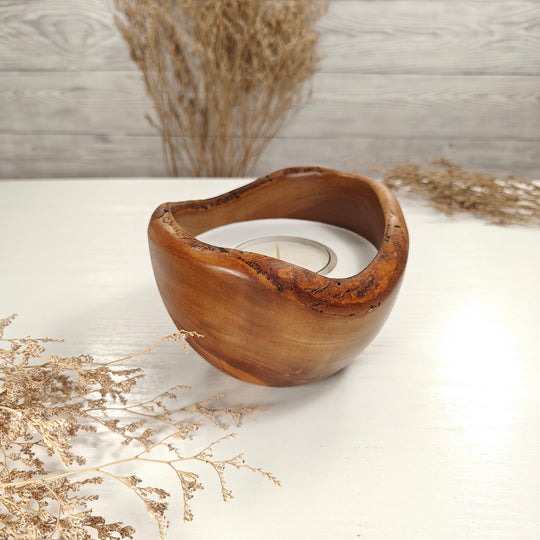 Teelicht-Kerze in Olivenholzschale, TRC-L-00156, D 13cm, 60mm Teelicht