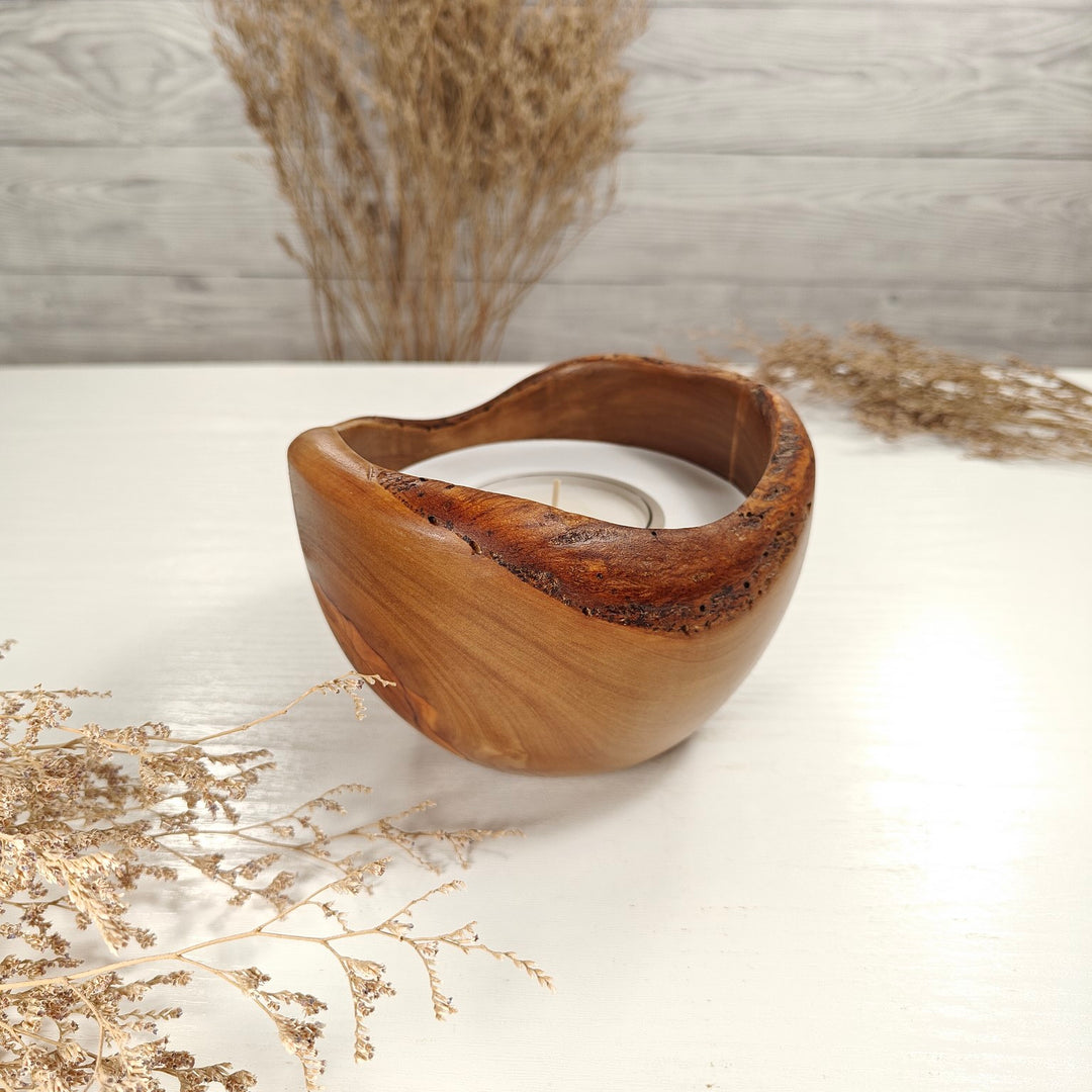 Teelicht-Kerze in Olivenholzschale, TRC-L-00156, D 13cm, 60mm Teelicht