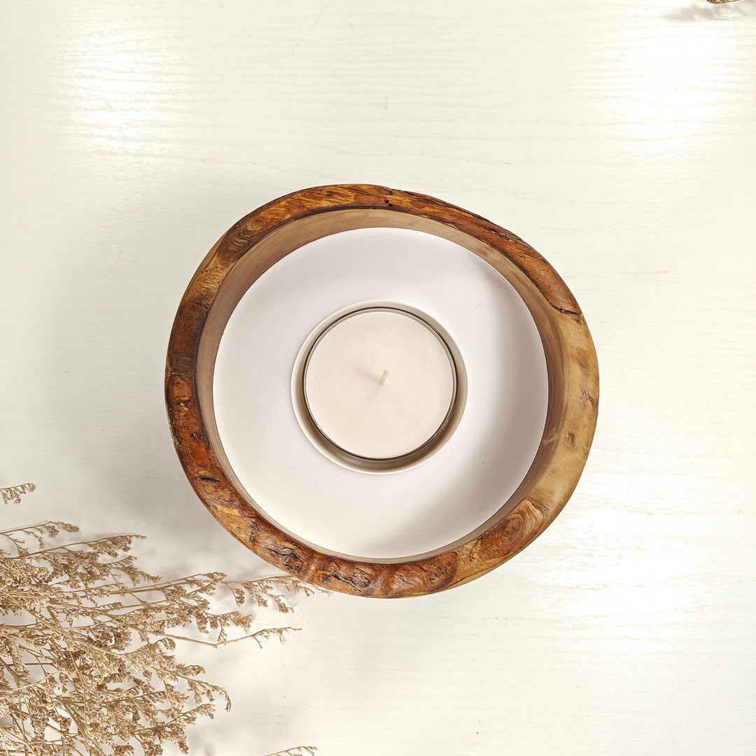 Teelicht-Kerze in Olivenholzschale, TRC-L-00157, D 14cm, 60mm Teelicht