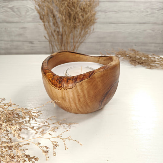 Teelicht-Kerze in Olivenholzschale, TRC-L-00157, D 14cm, 60mm Teelicht