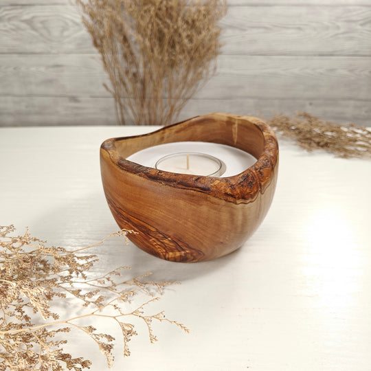 Teelicht-Kerze in Olivenholzschale, TRC-L-00157, D 14cm, 60mm Teelicht