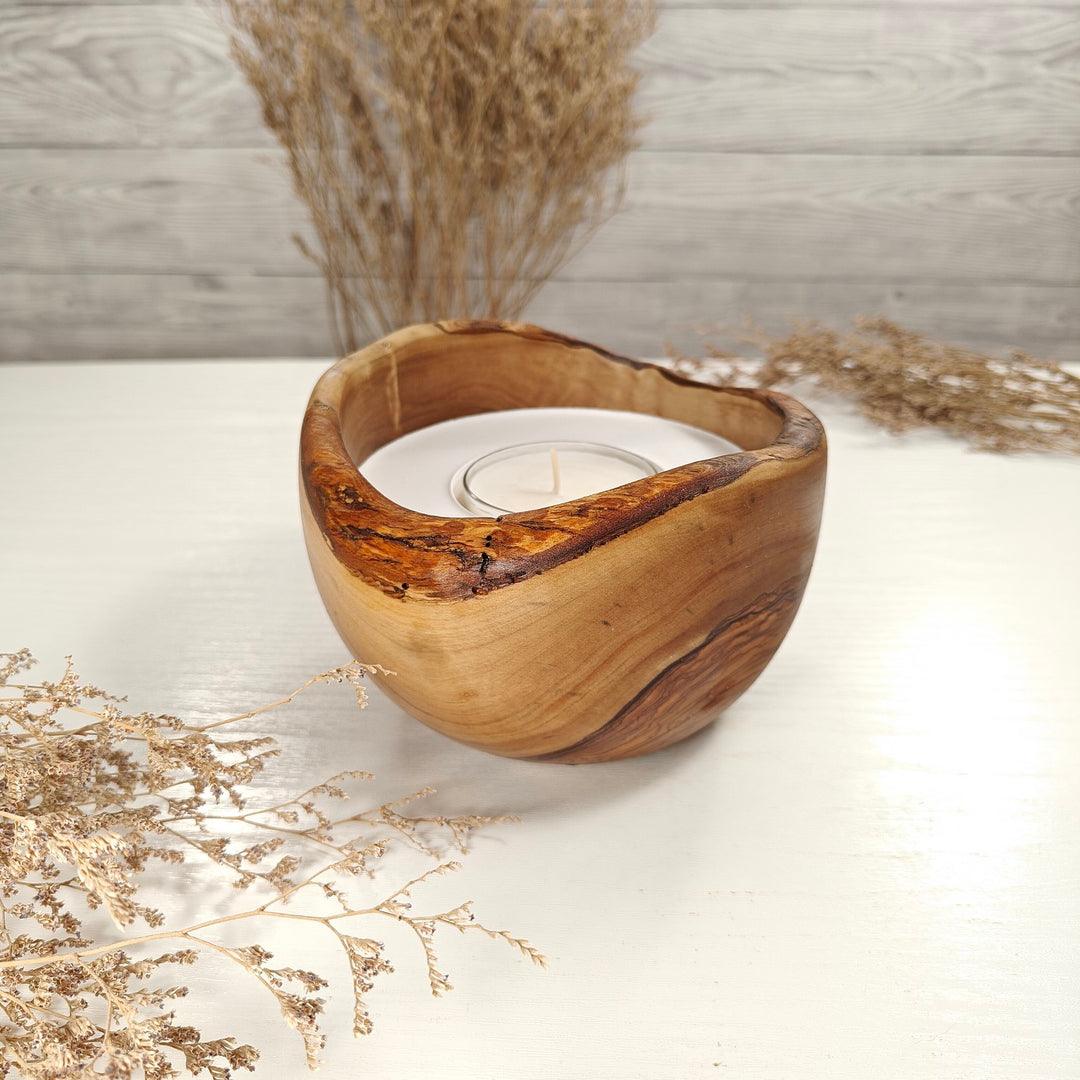 Teelicht-Kerze in Olivenholzschale, TRC-L-00157, D 14cm, 60mm Teelicht