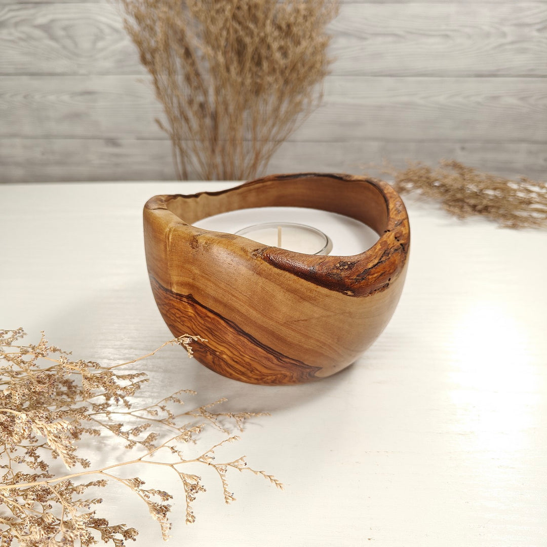 Teelicht-Kerze in Olivenholzschale, TRC-L-00157, D 14cm, 60mm Teelicht