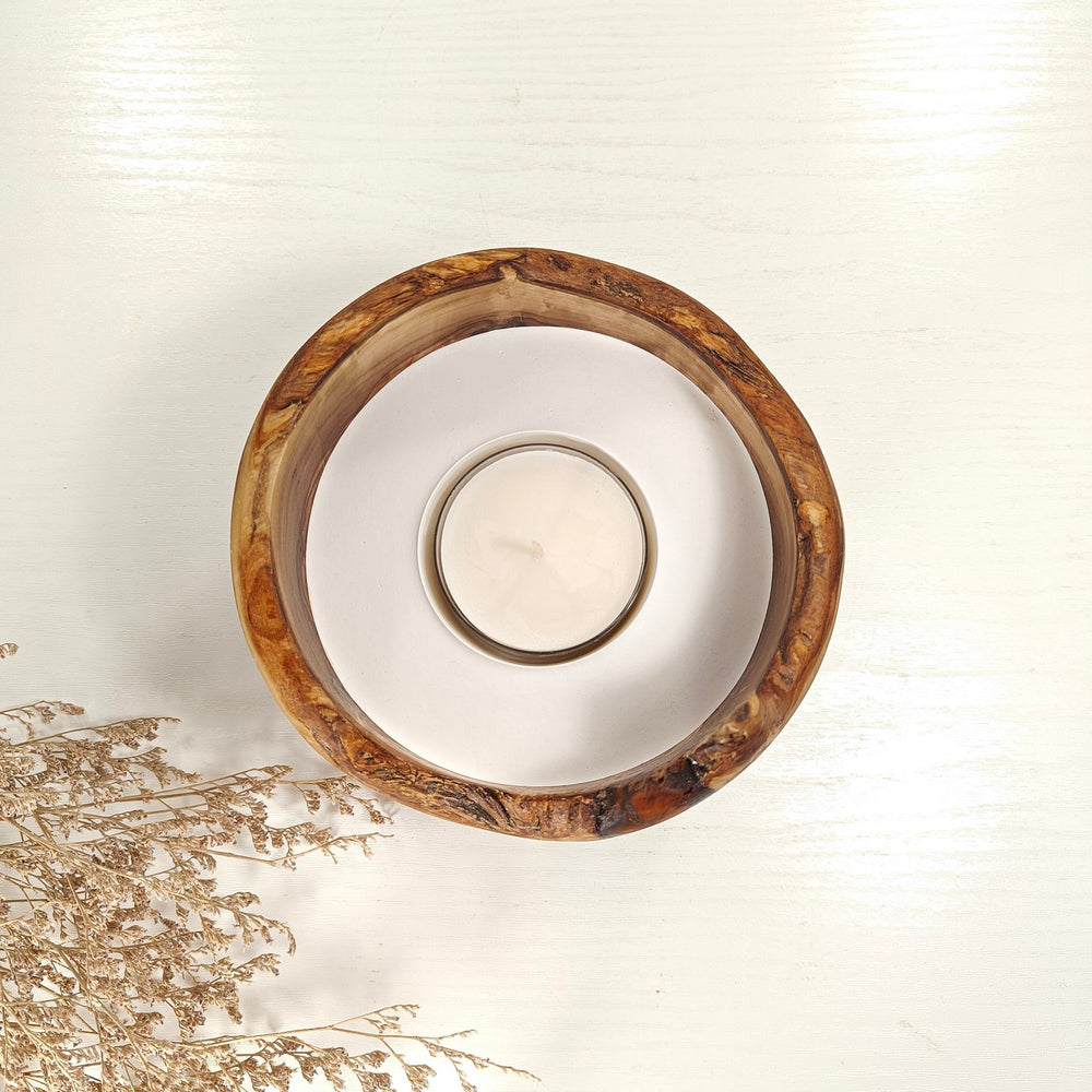 Teelicht-Kerze in Olivenholzschale, TRC-L-00158, D 14cm, 60mm Teelicht