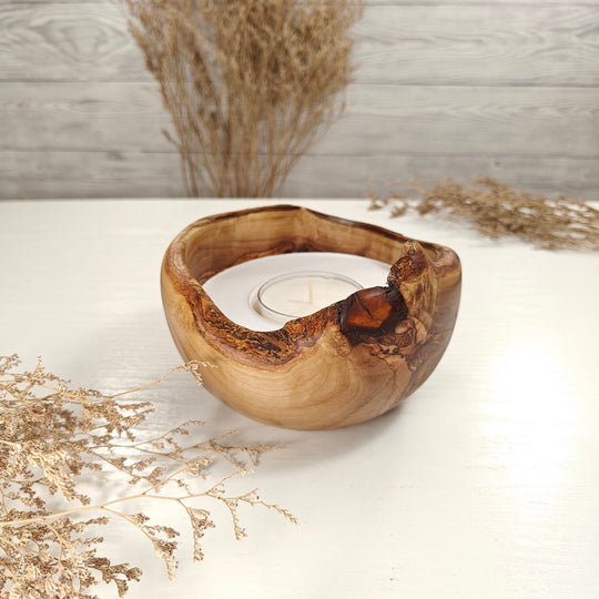 Teelicht-Kerze in Olivenholzschale, TRC-L-00158, D 14cm, 60mm Teelicht