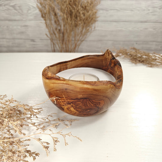 Teelicht-Kerze in Olivenholzschale, TRC-L-00158, D 14cm, 60mm Teelicht