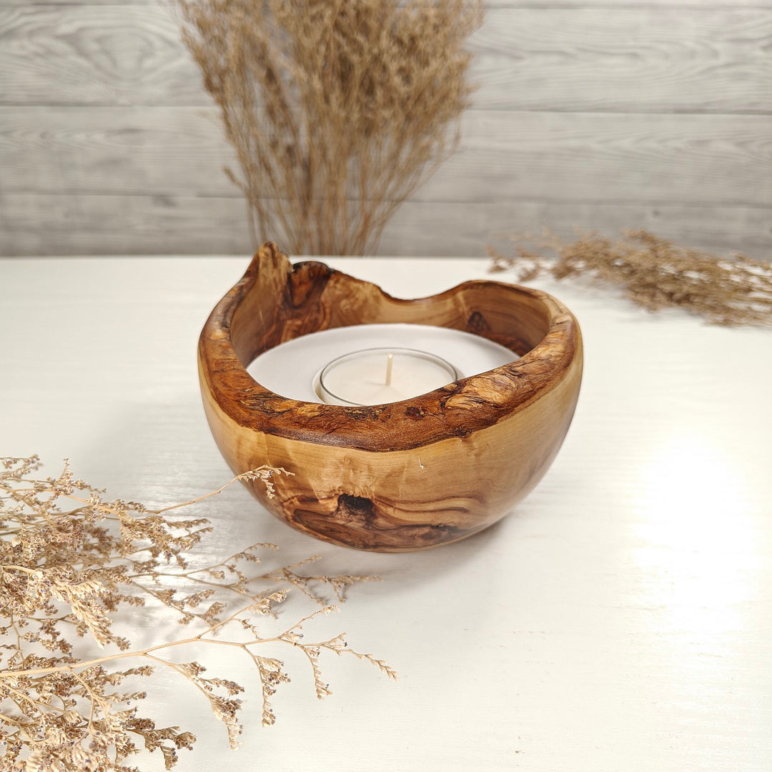 Teelicht-Kerze in Olivenholzschale, TRC-L-00158, D 14cm, 60mm Teelicht