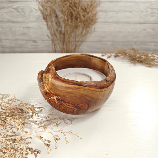 Teelicht-Kerze in Olivenholzschale, TRC-L-00158, D 14cm, 60mm Teelicht