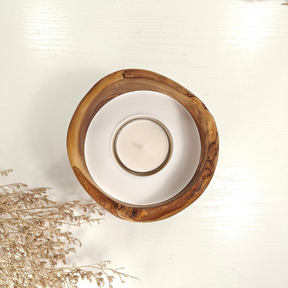 Teelicht-Kerze in Olivenholzschale, TRC-L-00159, D 14cm, 60mm Teelicht