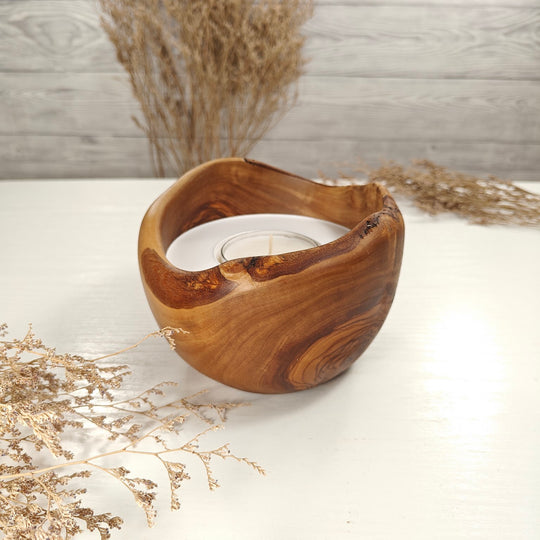 Teelicht-Kerze in Olivenholzschale, TRC-L-00159, D 14cm, 60mm Teelicht