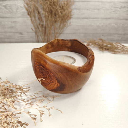 Teelicht-Kerze in Olivenholzschale, TRC-L-00159, D 14cm, 60mm Teelicht