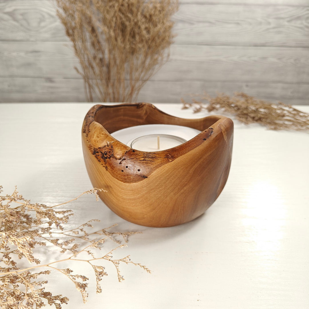 Teelicht-Kerze in Olivenholzschale, TRC-L-00159, D 14cm, 60mm Teelicht