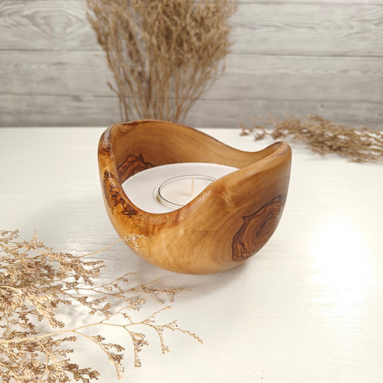 Teelicht-Kerze in Olivenholzschale, TRC-L-00160, D 14cm, 60mm Teelicht