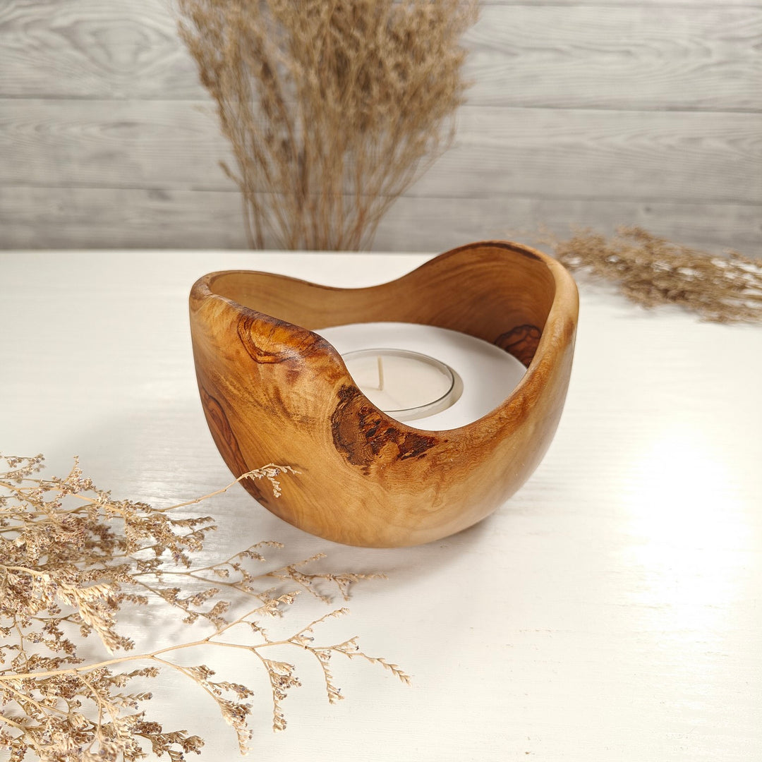 Teelicht-Kerze in Olivenholzschale, TRC-L-00160, D 14cm, 60mm Teelicht