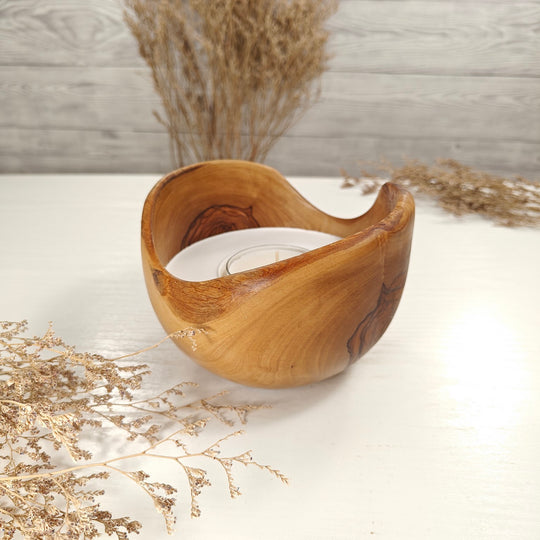 Teelicht-Kerze in Olivenholzschale, TRC-L-00160, D 14cm, 60mm Teelicht