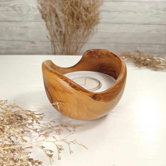 Teelicht-Kerze in Olivenholzschale, TRC-L-00160, D 14cm, 60mm Teelicht