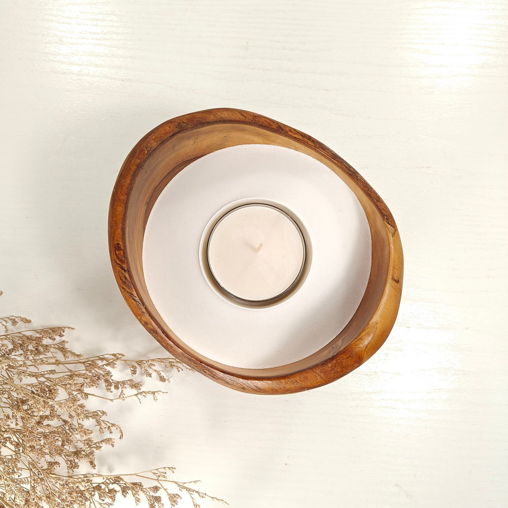 Teelicht-Kerze in Olivenholzschale, TRC-L-00161, D 15cm, 60mm Teelicht