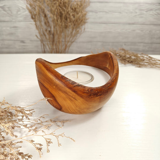 Teelicht-Kerze in Olivenholzschale, TRC-L-00161, D 15cm, 60mm Teelicht