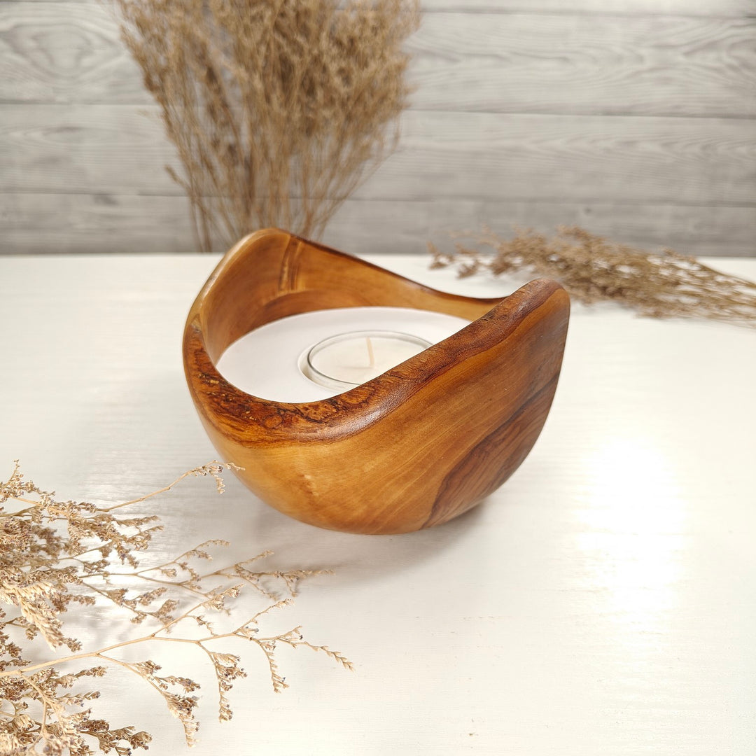 Teelicht-Kerze in Olivenholzschale, TRC-L-00161, D 15cm, 60mm Teelicht