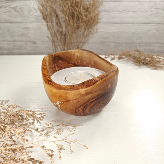 Teelicht-Kerze in Olivenholzschale, TRC-L-00162, D 13cm, 60mm Teelicht