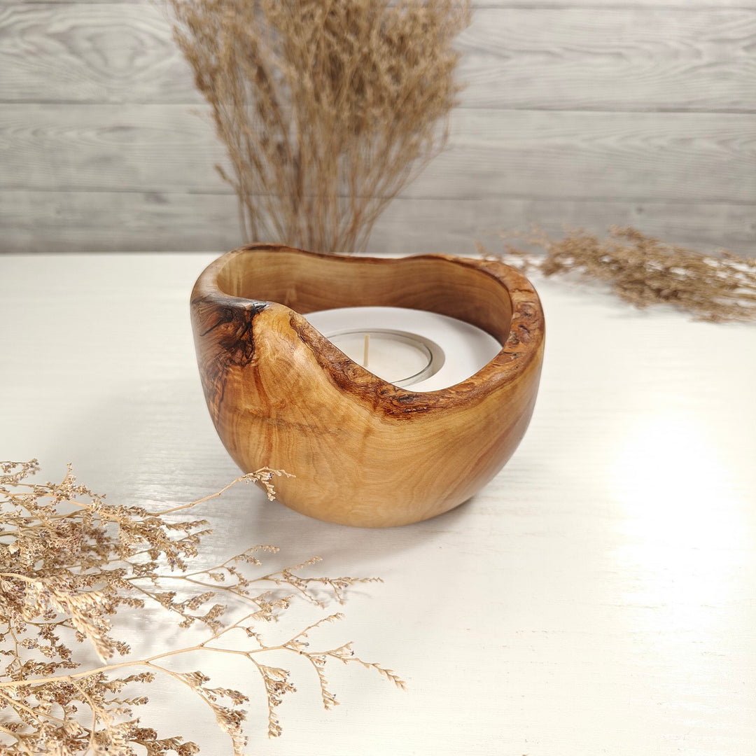 Teelicht-Kerze in Olivenholzschale, TRC-L-00162, D 13cm, 60mm Teelicht