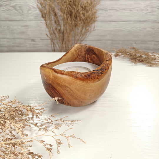 Teelicht-Kerze in Olivenholzschale, TRC-L-00162, D 13cm, 60mm Teelicht
