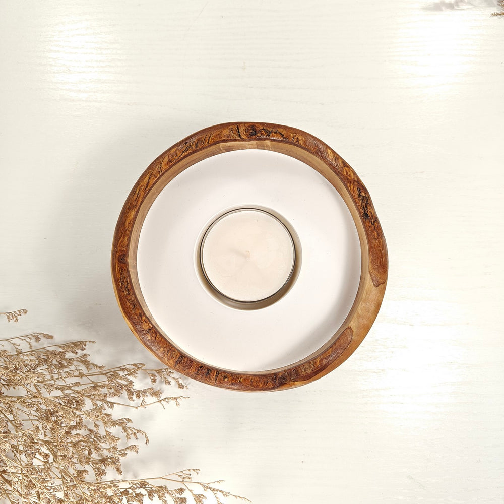 Teelicht-Kerze in Olivenholzschale, TRC-L-00163, D 15cm, 60mm Teelicht