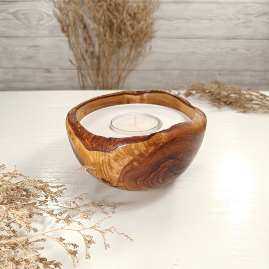 Teelicht-Kerze in Olivenholzschale, TRC-L-00163, D 15cm, 60mm Teelicht