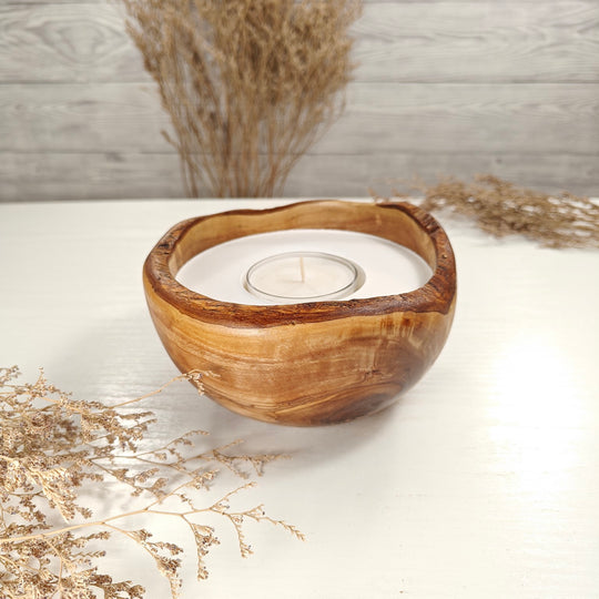 Teelicht-Kerze in Olivenholzschale, TRC-L-00163, D 15cm, 60mm Teelicht