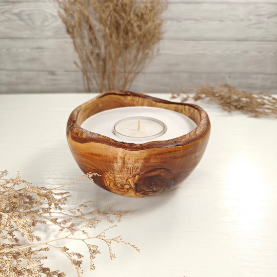 Teelicht-Kerze in Olivenholzschale, TRC-L-00163, D 15cm, 60mm Teelicht