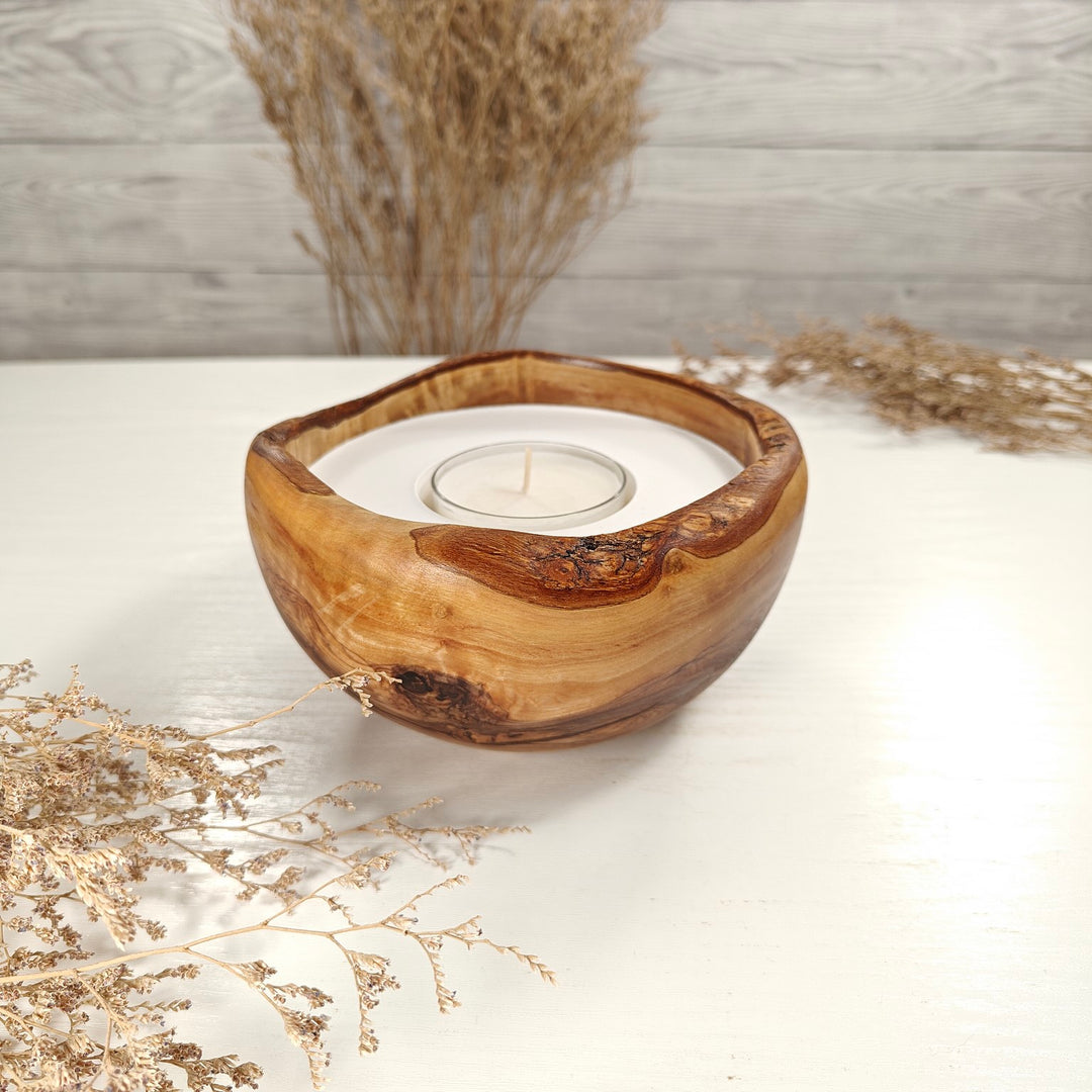 Teelicht-Kerze in Olivenholzschale, TRC-L-00163, D 15cm, 60mm Teelicht