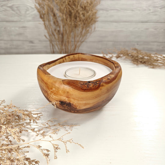 Teelicht-Kerze in Olivenholzschale, TRC-L-00163, D 15cm, 60mm Teelicht