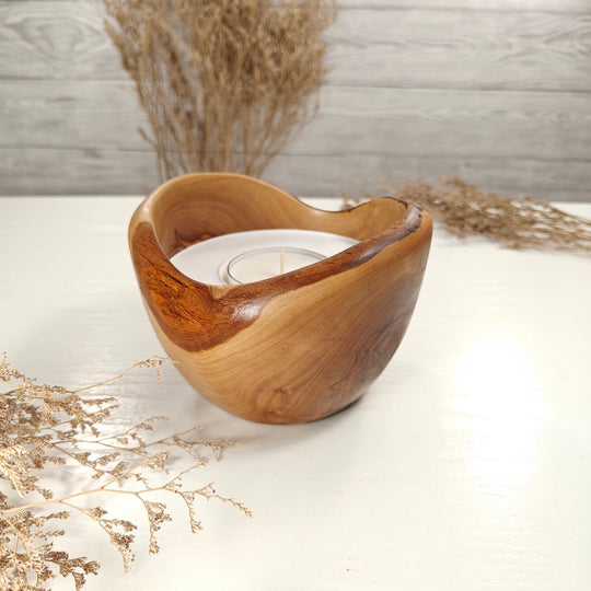 Teelicht-Kerze in Olivenholzschale, TRC-L-00164, D 14cm, 60mm Teelicht