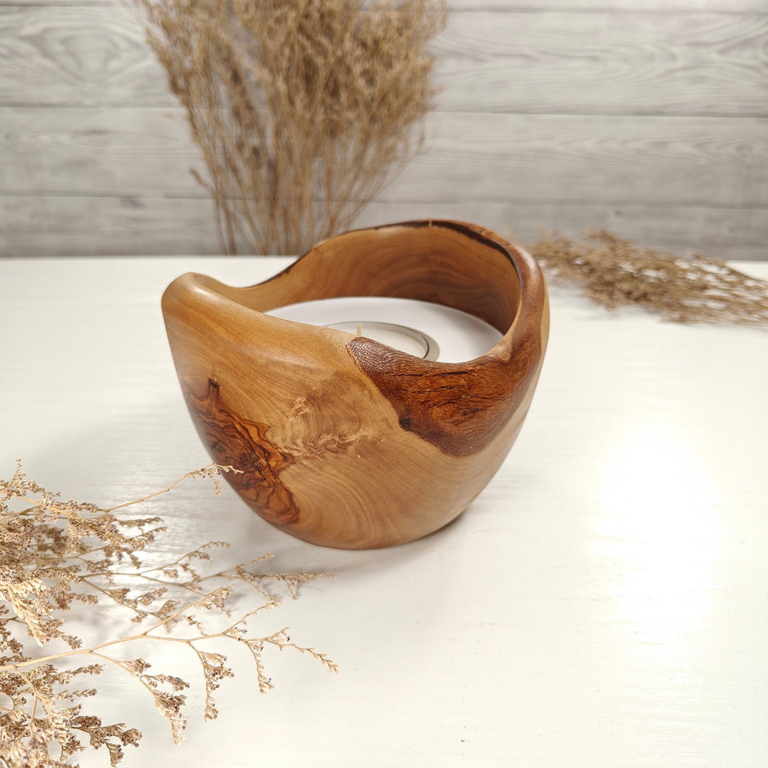 Teelicht-Kerze in Olivenholzschale, TRC-L-00164, D 14cm, 60mm Teelicht