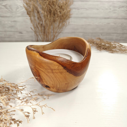Teelicht-Kerze in Olivenholzschale, TRC-L-00164, D 14cm, 60mm Teelicht